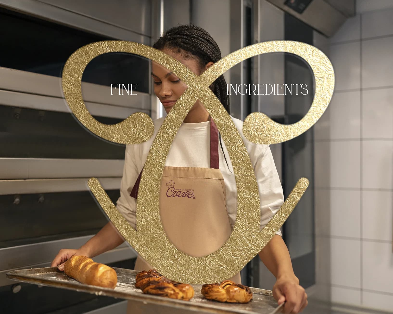 Fine ingredients campaign visual with baker and gold monogram