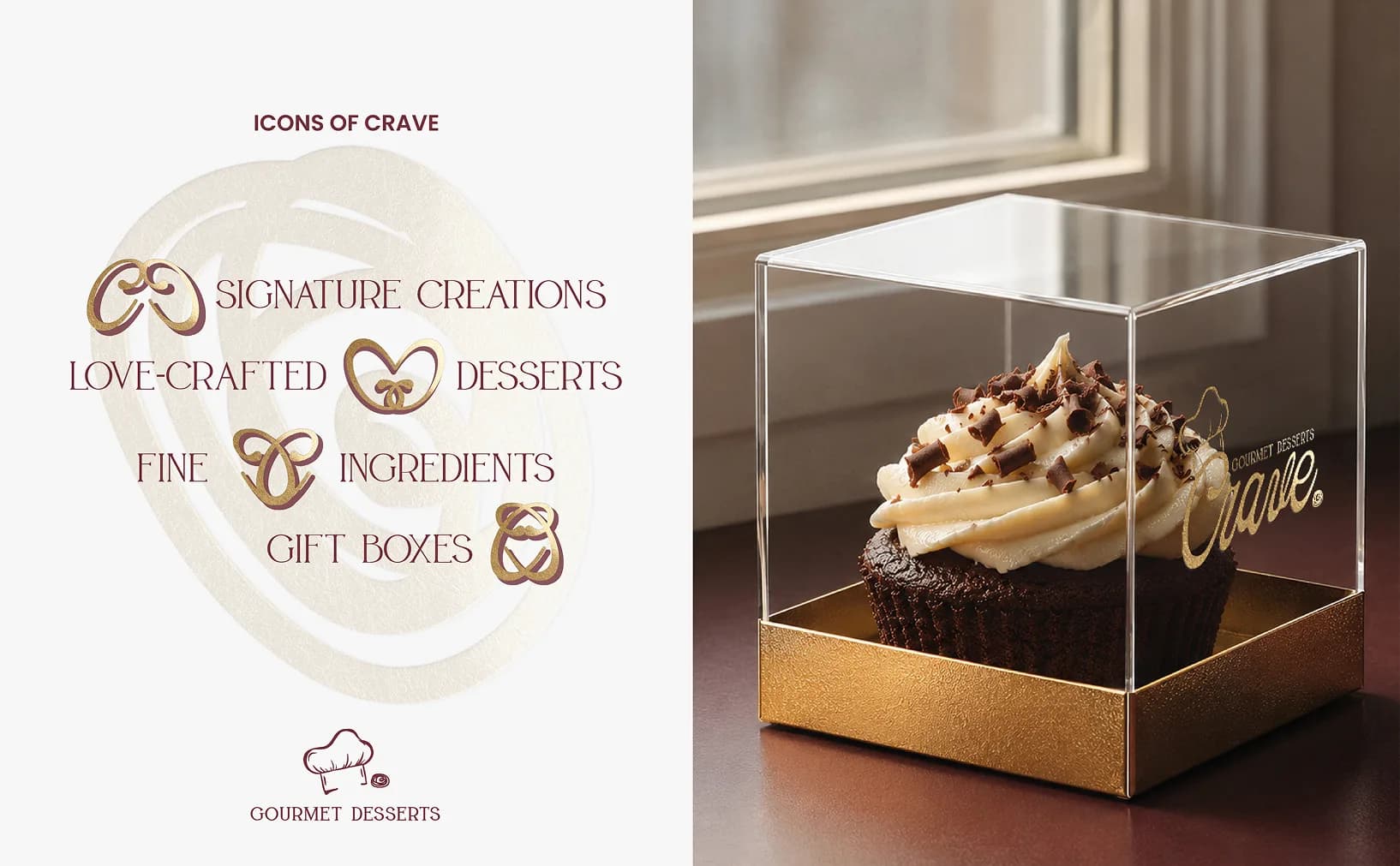 Icons of Crave brand marks and boxed cupcake packaging