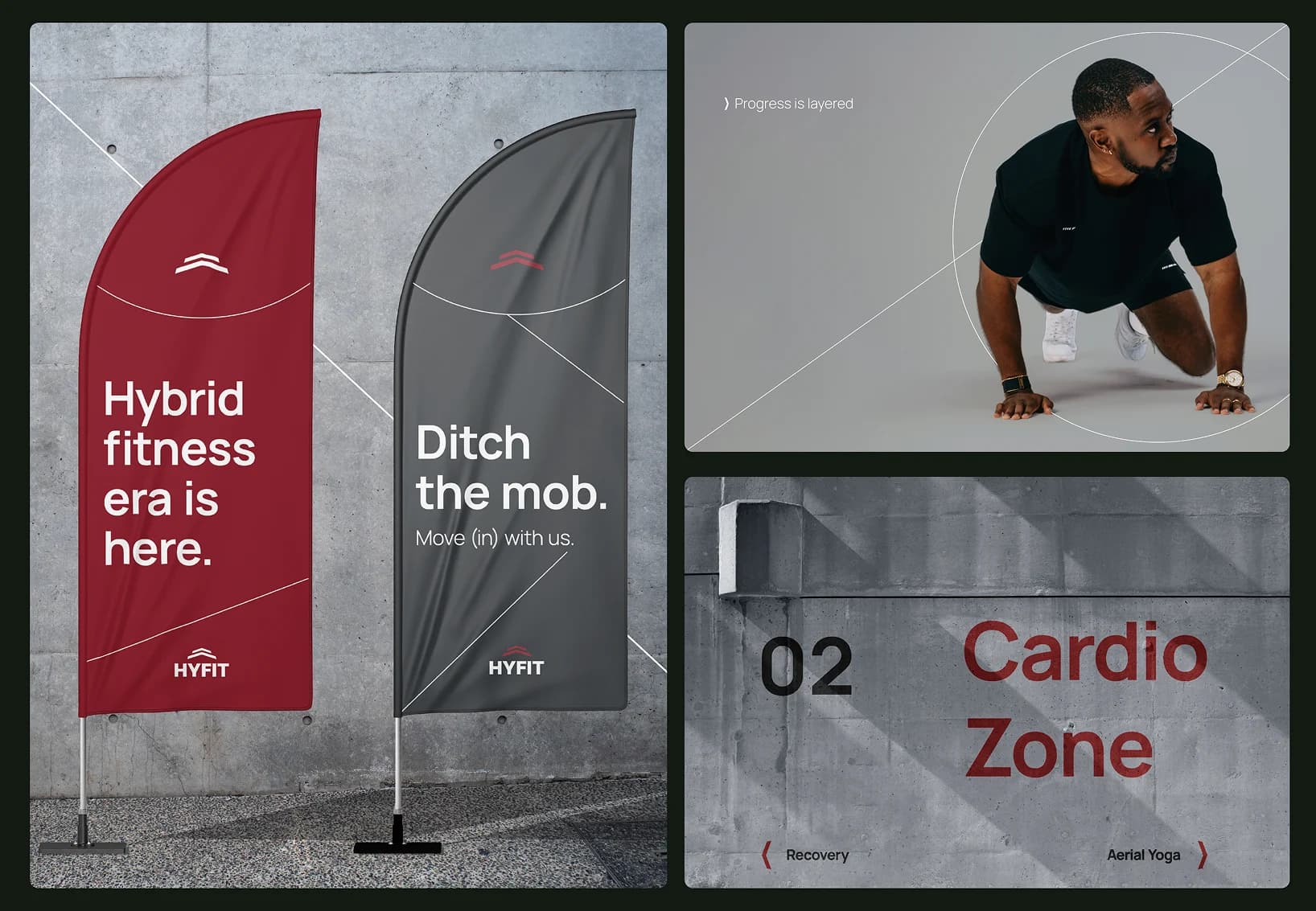 HYFIT feather flags, workout photo, and Cardio Zone signage