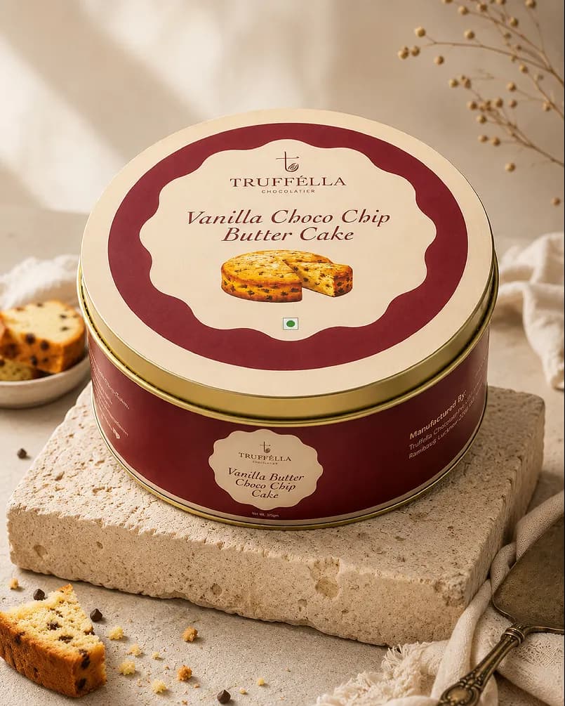Vanilla Choco Chip Butter Cake tin packaging