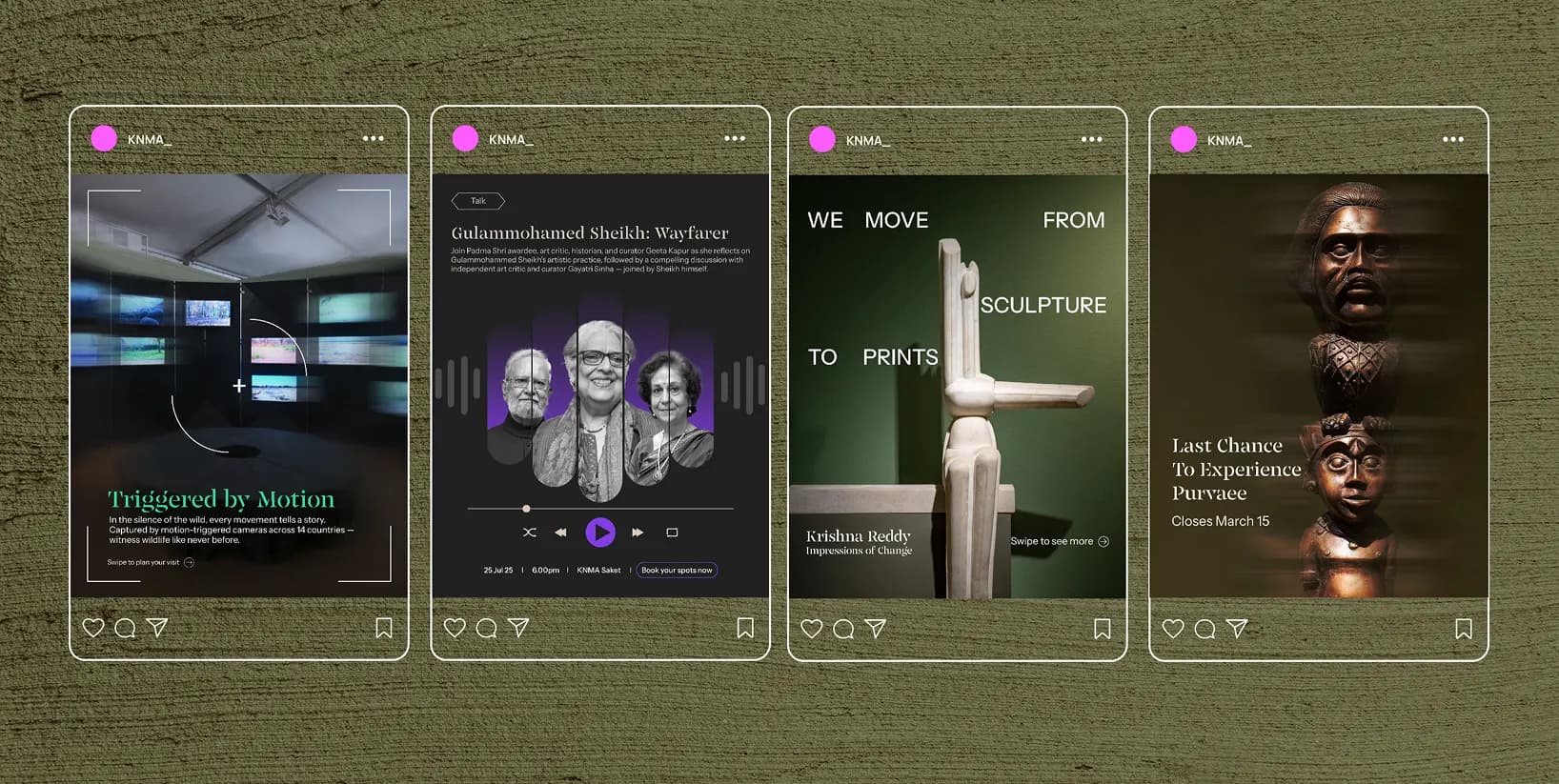 KNMA Instagram post set: Triggered by Motion, Wayfarer talk, sculpture to prints, and Last Chance to Experience Purvaee