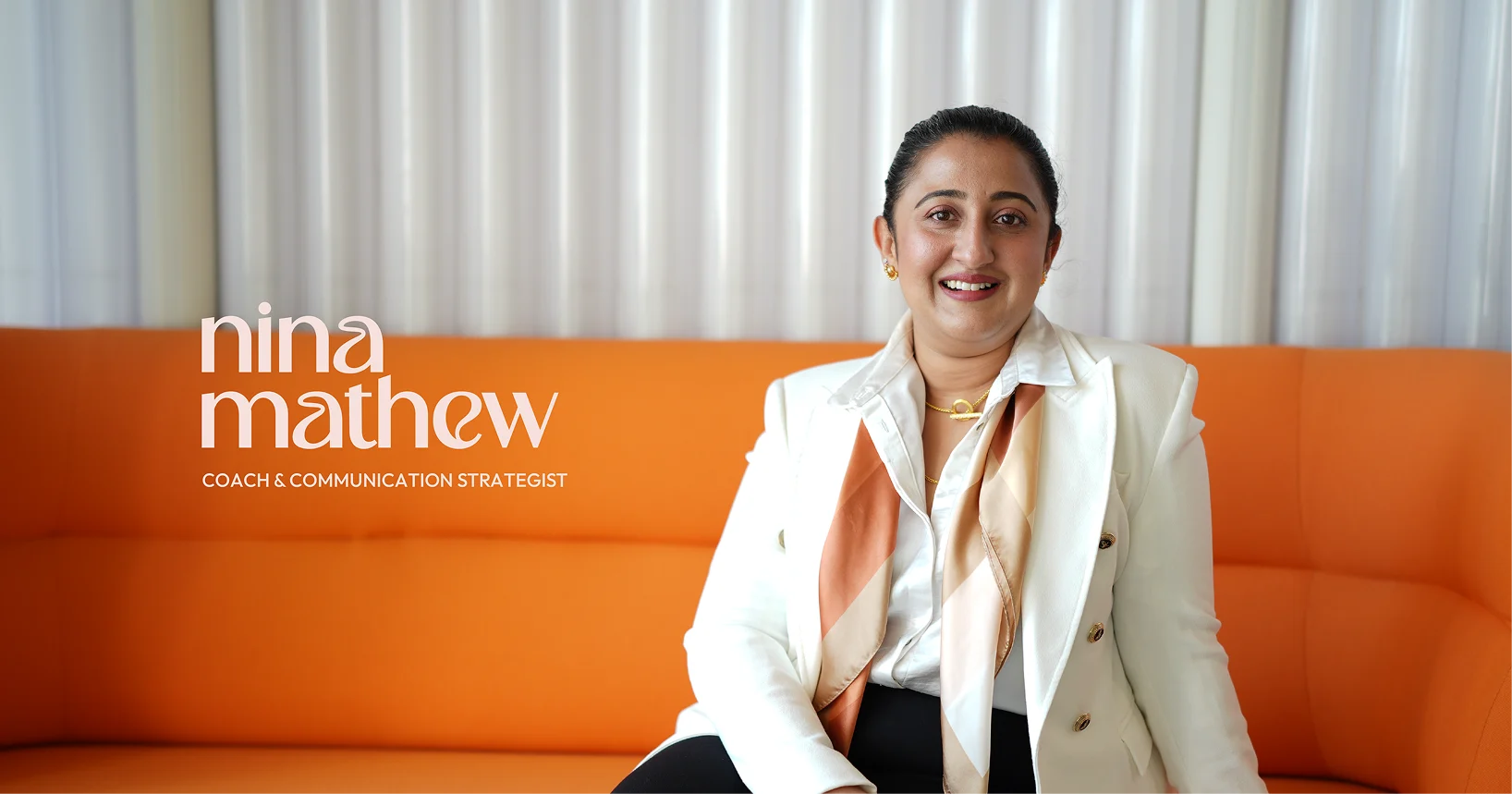 Nina Mathew portrait with logo lockup
