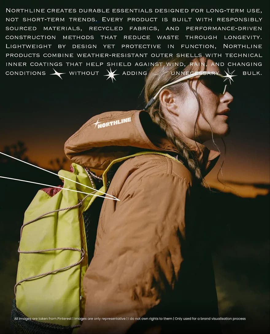 Northline brand description overlaid on a hiker photo