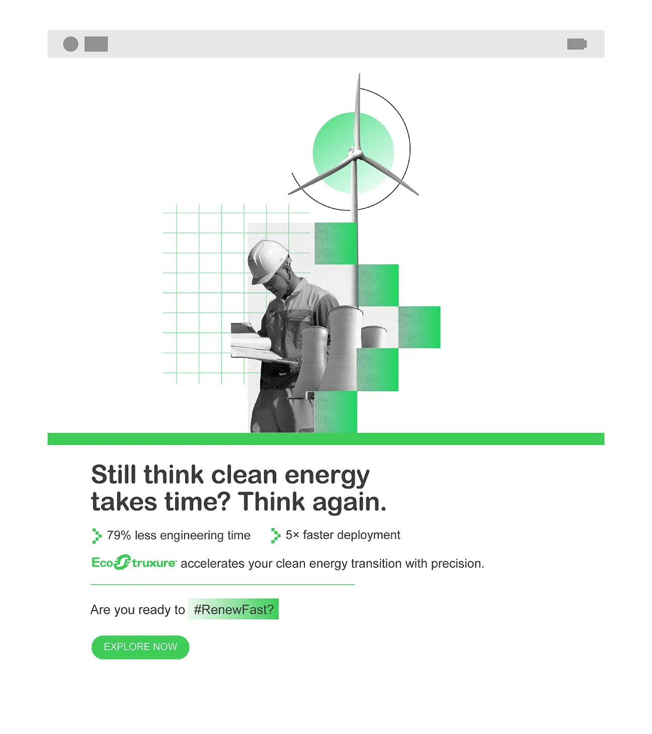 Still think clean energy takes time? Think again, landing page mockup