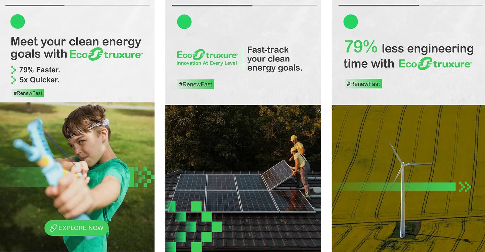EcoStruxure social ad set with clean energy statistics
